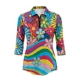 thumbnail image 2 of Uorisanigo Colorful Hippie Flowers Athletic Polo Workout Tops for Women Fashionable Zipper Neck Quick Dry Athletic Polo Shirts Stylish 3/4 Roll Sleeve Outing Wear for Workout Sports, 2 of 7
