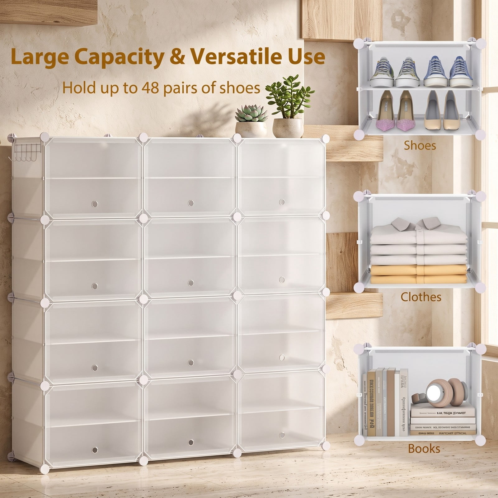 Furnibear 12-Cube Portable Shoe Storage Cabinet with Translucent Doors and 5 Hanging Hooks for Entryway Hallway and Bedroom, White
