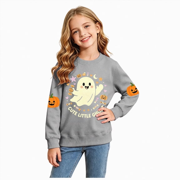 CAUYDY Kids Halloween Sweatshirt Ghost Clothing Girls Raglan Long Sleeve Crewneck Casual Tops Grey Sizes 5-6 Years