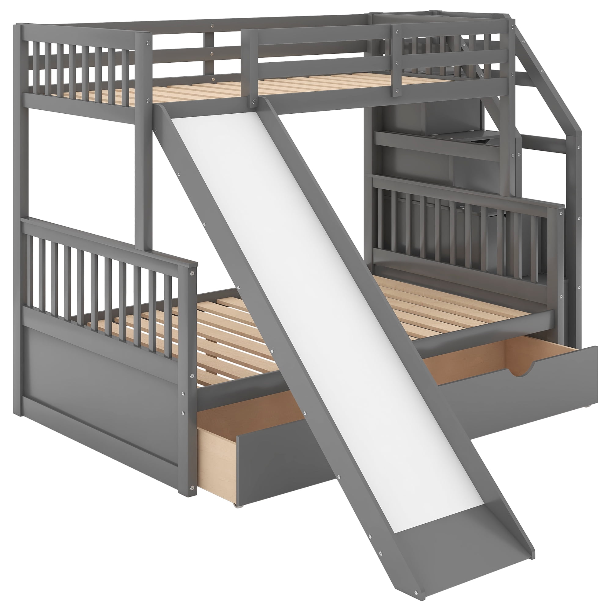 Euroco Wood Twin over Full Bunk with Drawers and Slide, Storage Staircase for Kids Teen Adults, Gray