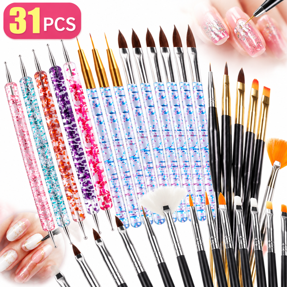 Genreen Professional Nail Art Brush Set 31-Piece,   Dotting Tools, Liner Brushes, Dust Cleaner, Striping Brushes for Gel Polish, Acrylic Nails - Complete Nail Design Kit for Salon & Home Manicures.