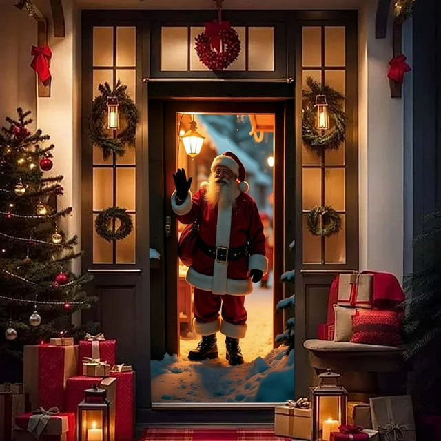 Christmas Door Curtain Decoration, Waterproof Polyester Door Cover with Santa Scene Print, Easy Hanging Holiday Background for Home Entryway, Storefront, Party, Indoor Outdoor Christmas Decor