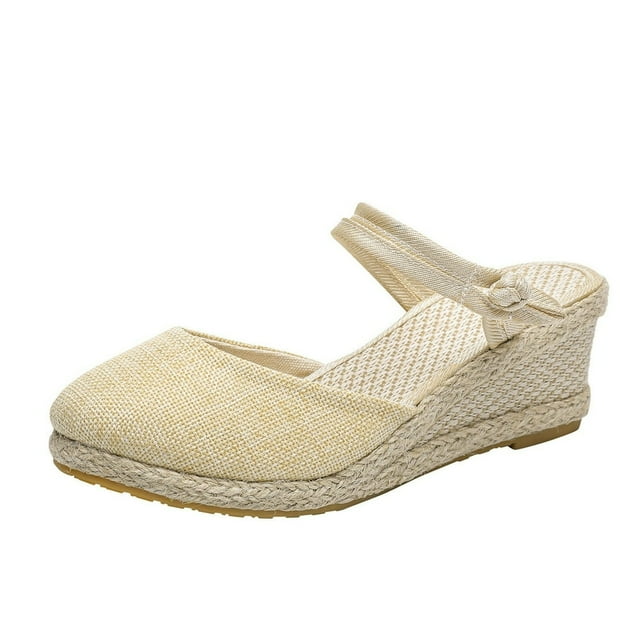 Sandales Espadrilles à Talon Compensé pour Femmes, Bride à la Cheville à Boucle, Sandales Plateforme Décontractées d'Été, Chaussures pour Femmes à Bout Fermé, Compensées Rétro