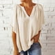 thumbnail image 2 of Blusa holgada con cuello en V y manga corta acampanada, color puro, plisada, para mujer, verano, beige, S, 2 of 6