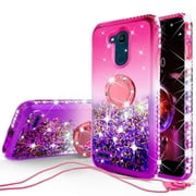 SOGA Rhinestone Liquid Quicksand Cover Cute Girl Phone Case Compatible for LG X Power 3 Case,with Embedded Metal Ring for Magnetic Car Mounts and Lanyard - Pink