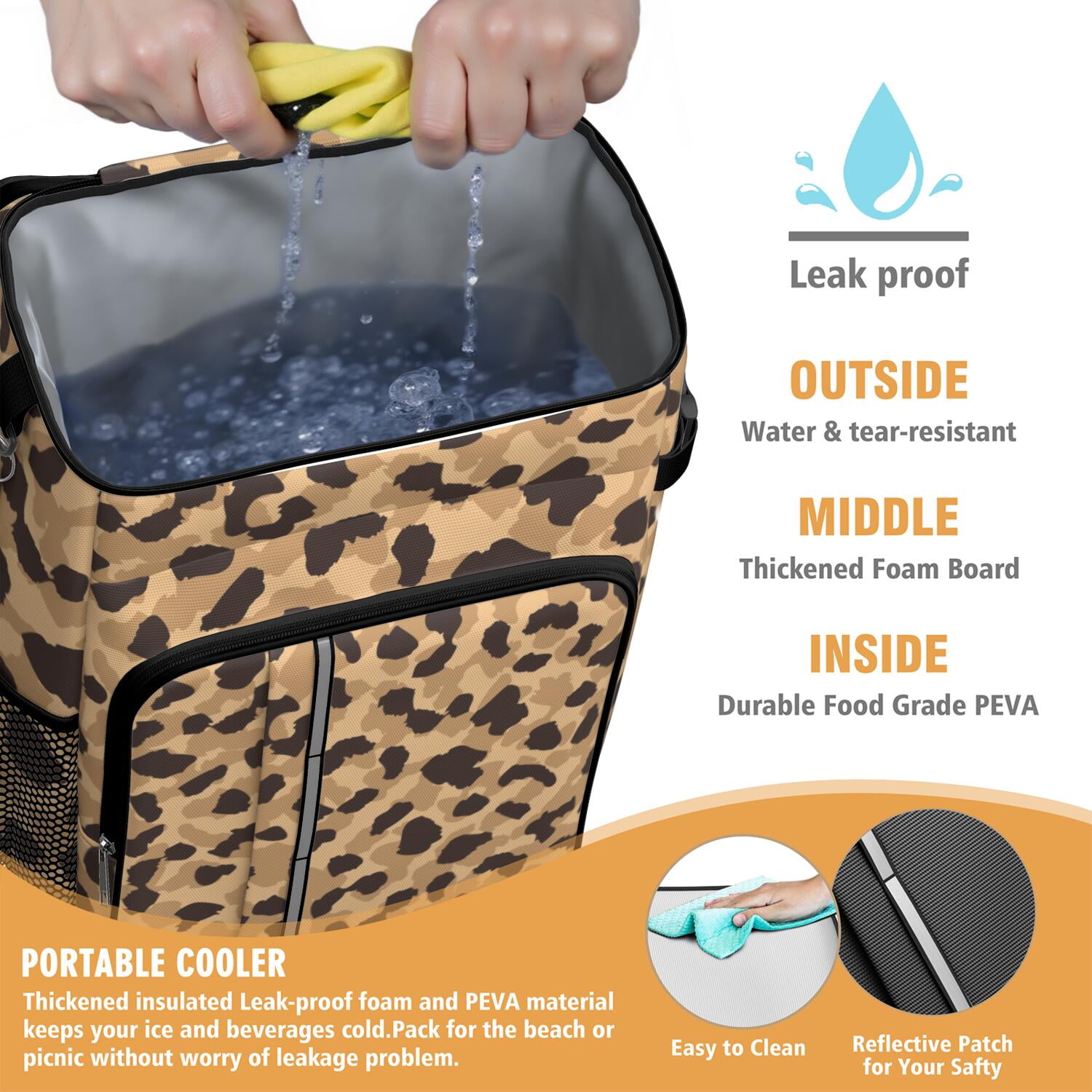 Travel Cooler Bag - Beige and Black Leopard Pattern Camping Beer Cooler Backpack with Bottle Opener- Waterproof Insulated Picnic Backpacks - Cooler Bag for Beach