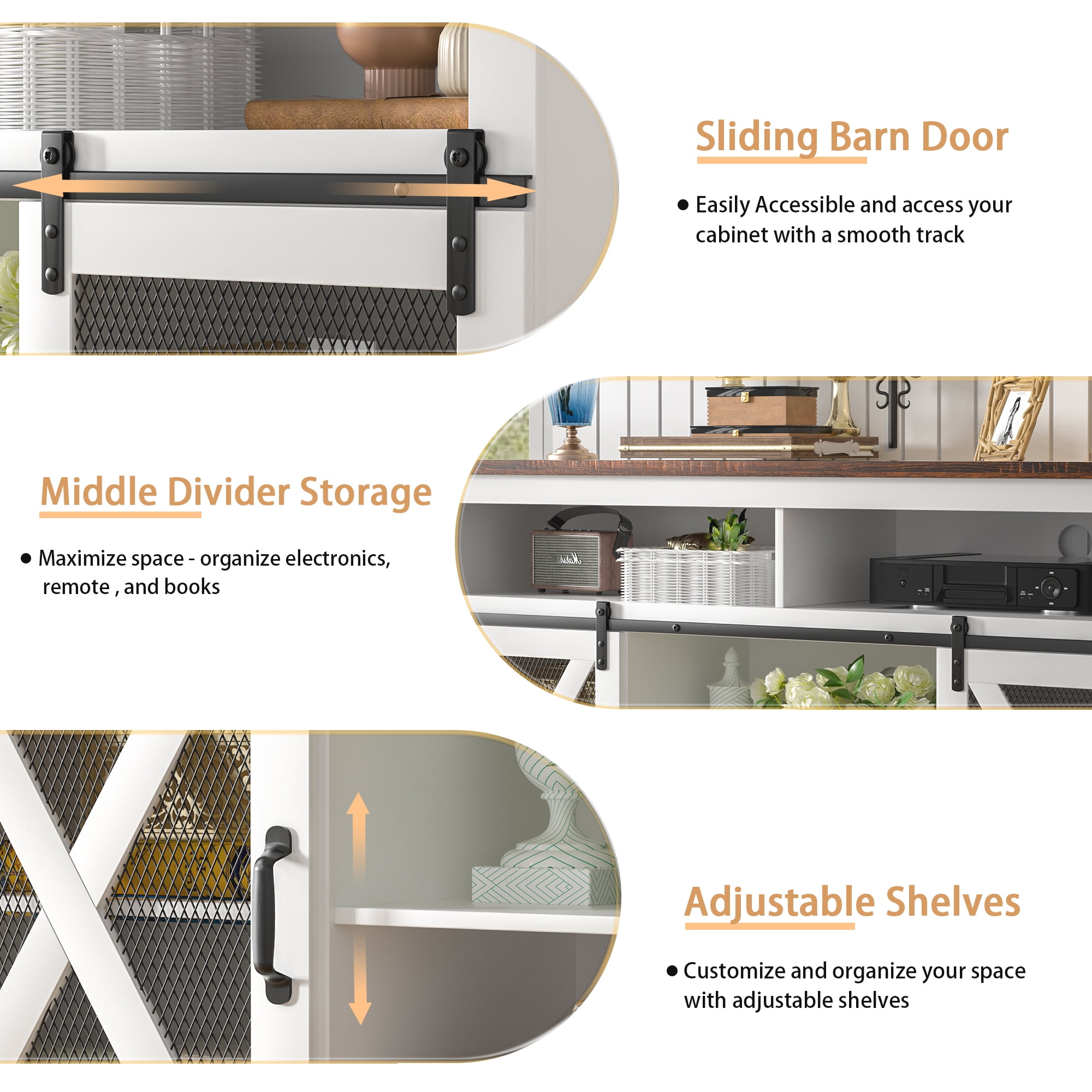Tolead Farmhouse Style TV Stand for 65"+ TVs, Top, Sturdy, Dvds, Tall Entertainment Center, White
