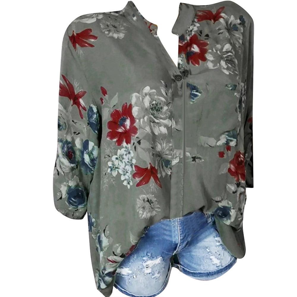 Casual College Floral Buttons V Neck Tops