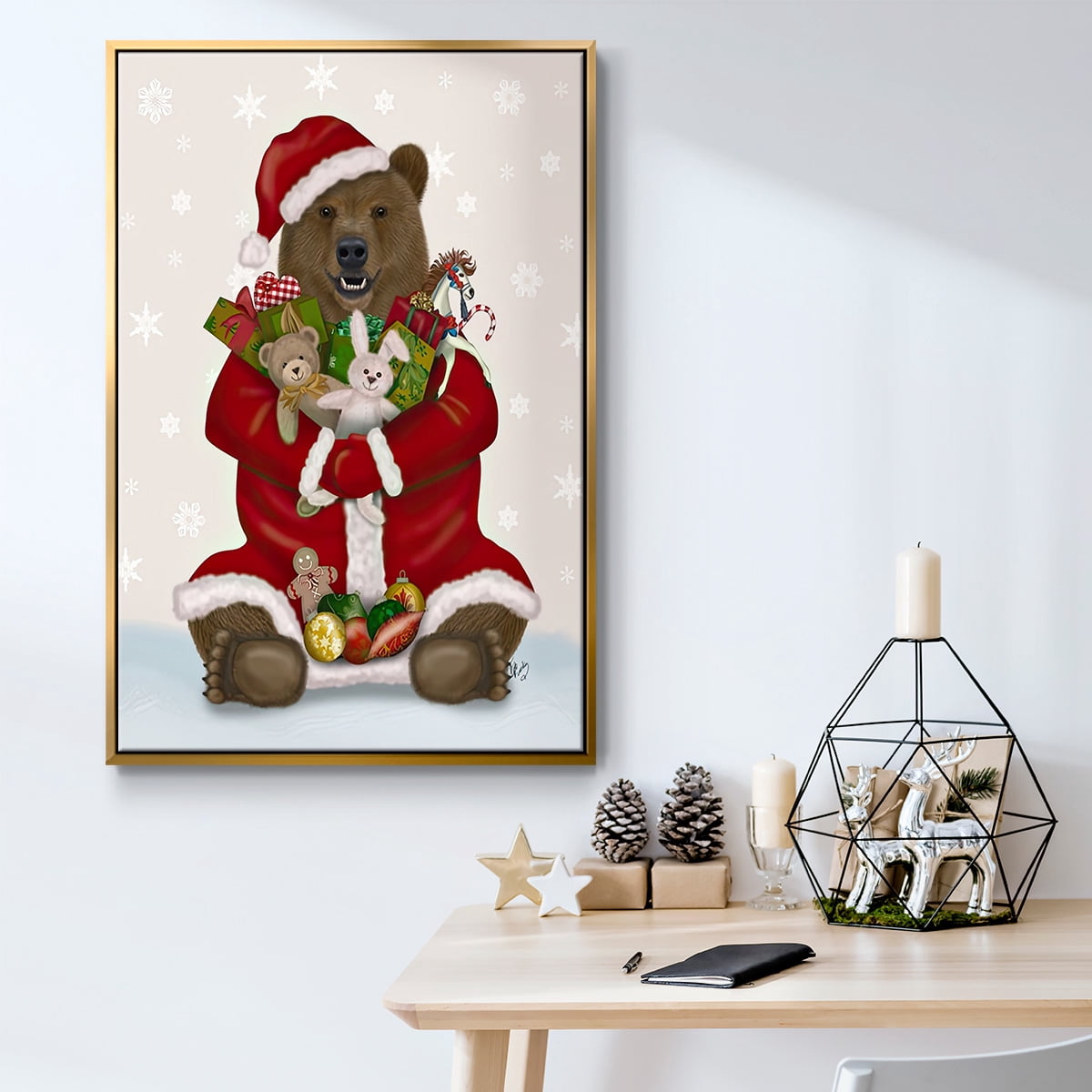Christmas Christmas Present Bear Hug - Framed Gallery Wrapped Holiday Canvas - 25 x 37 - Gold Frame