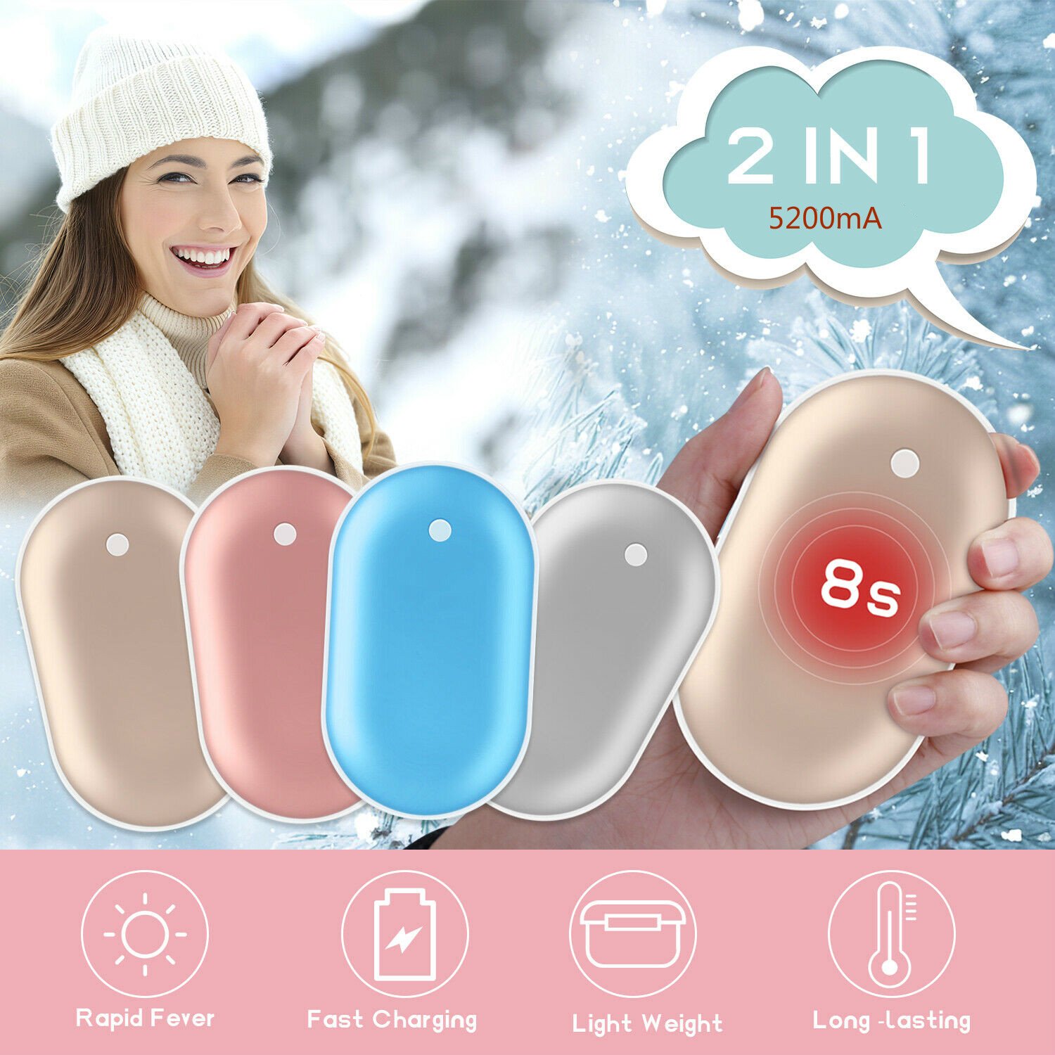 Hand Warmers Rechargeable, 5200mAh Electric Portable Double-Side Pocket  Hand Warmer/Phone Charger, Gift for Women Men, Blue - Walmart.com