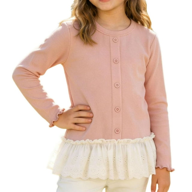 vdgthytj Girls Long Sleeve Shirts Cute Lace Hem Crewneck Button Casual Solid Color Basic Tops for Kids