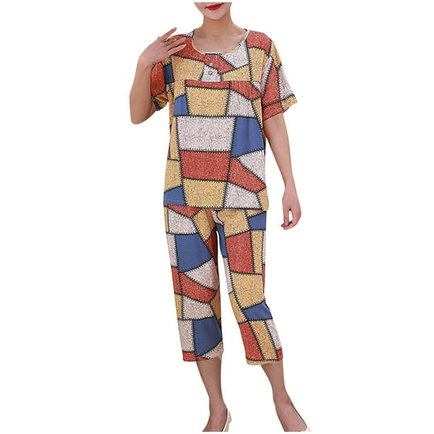 Juegos de Dos Piezas para las Mujeres de Verano Casual Manga Corta Cuello Redondo Pijamas Y Pantalones Cortos, Pijamas de Verano para las Mujeres