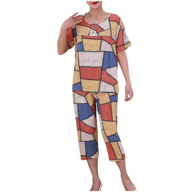 Pisexur Ensembles de Pyjama pour Femmes 2 Pcs, Chemises de Nuit en Coton à Imprimé Floral pour Femmes, Col Rond Décontracté, T-Shirts à Manches Courtes et Pantalons de Détente Longueur Genou, Pyjamas Grande Taille pour Femmes Ensemble TG-4TG