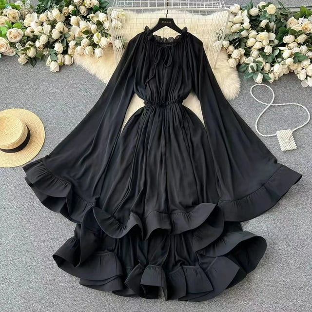 Robes Irrégulières à Volants pour Femmes Col en V Manches Cape Taille Haute Lacets Robe Ample Été Femme