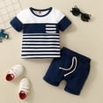 thumbnail image 3 of GYRATEDREAM Toddler Baby Boys Summer Outfits Stripe Patchwork Short Sleeve T-shirt Top + Solid Color Elastic Waistband Drawstring Shorts with Pockets 2 Piece Sets Infant for 0 Month-3 Years, 3 of 8