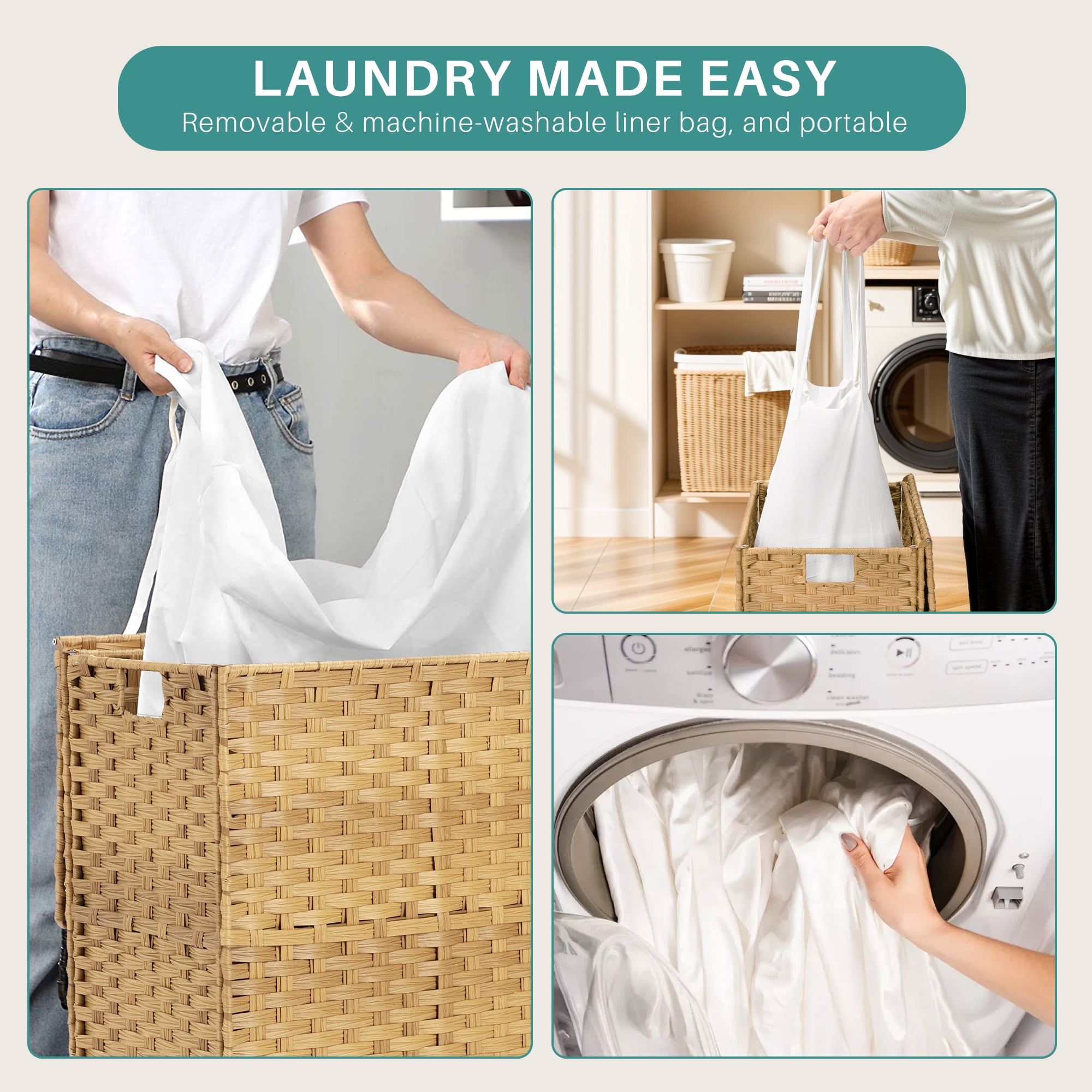 110L Foldable Laundry Hamper with Lid and Removable Liner, Wicker Basket for Bedroom & Bathroom, Yellow