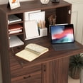 thumbnail image 5 of Hassch Farmhouse Desk Cabinet w/ with Drop-Leaf Tabletop, 2 Drawers and Open Shelves, Bar Liquor Cabinet with Fold-out Work Surface for Home, Office, Dormitory, Small Spaces (Walnut), 5 of 10