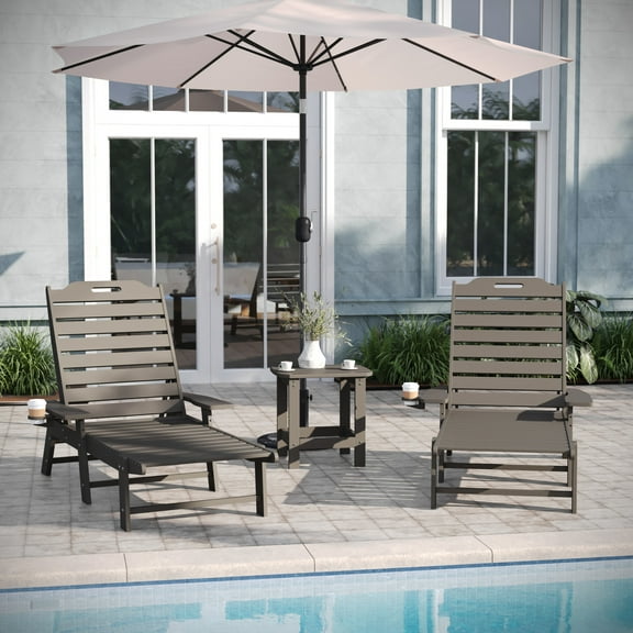 Emma   Oliver Brown 3-Piece Indoor/Outdoor Set with 2 Poly Resin Adjustable Adirondack Loungers with Swivel Cup Holders and 2-Tier Side Table