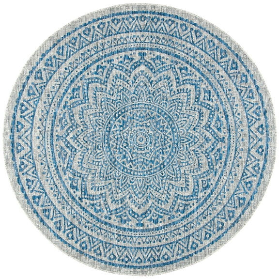 SAFAVIEH Courtyard Josiah Floral Medallion Indoor/Outdoor Area Rug, 5'3" x 5'3" Round, Light Grey/Blue