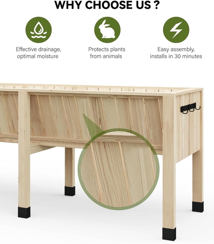 Towallmark 45x23x30 Inches Raised Garden Bed, Elevated Planter Box, Outdoor Wooden Garden Bed for Vegetables Herbs, Patio Balcony Backyard Cedar Raised Bed with Hooks and Legs