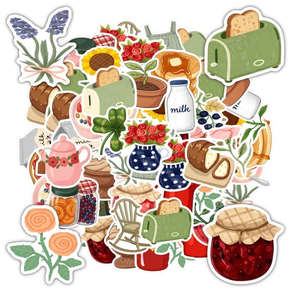 35pcs-50pcs Vintage Stickers Stationery Stickers Breakfast Kids Stickers Cottagecore Stickers for Laptops Suitcase Fridge
