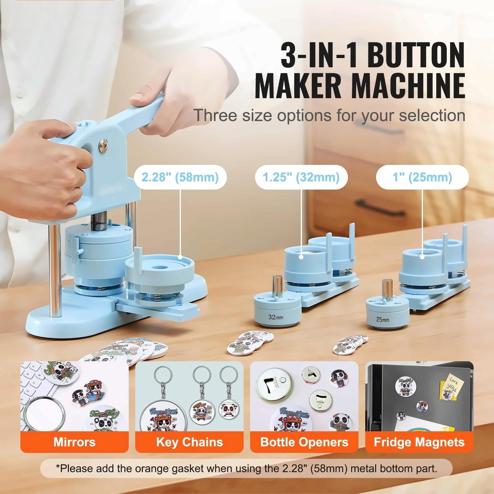 Button Maker Machine 3-in-1, 25/32/58mm Pin Button Maker Kit, 300pcs Parts, DIY Badge Maker with Panda Book, Arc Handle, for Crafts & Gifts - Blue
