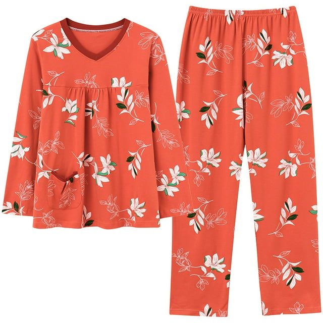 REDHOTYPE Pyjama Floral Fantaisie Mode Femme Printemps Automne Maman Manches Longues Coton Col Rond Ensemble Maison Grande Taille Automne