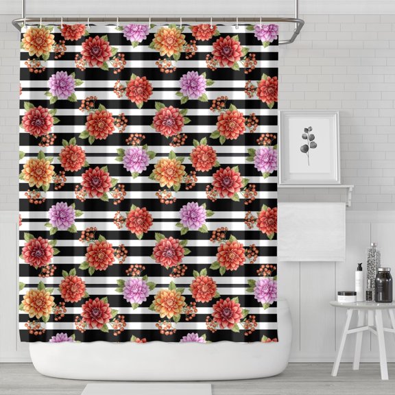 Strawberry and Blossom Blue Pattern Modern Waterproof Shower Curtain Set with 12 Hooks, Washable Decorative Bathroom Shower Curtain