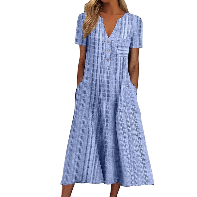 Vestidos Para Mujer Maxi Vestido Casual Raya Estampado Botones Cuello V Manga Corta Con Bolsillo Vestido Largo Odeerbi ODB159463