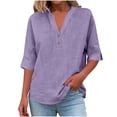 thumbnail image 6 of Summer Tops Trendy 2026,Linen Tops for Women Summer Loose Fit - 3/4 Length Sleeve Blouses Dressy Casual Button Trim Notched V-Neck Shirt, 6 of 7