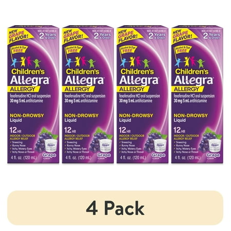 (4 pack) Allegra Children's 12-Hour Allergy Relief Liquid, Non-Drowsy Indoor and Outdoor Allergy Medicine, 30 mg Fexofenadine HCI Antihistamine For Kids, Grape Flavor, 4 oz