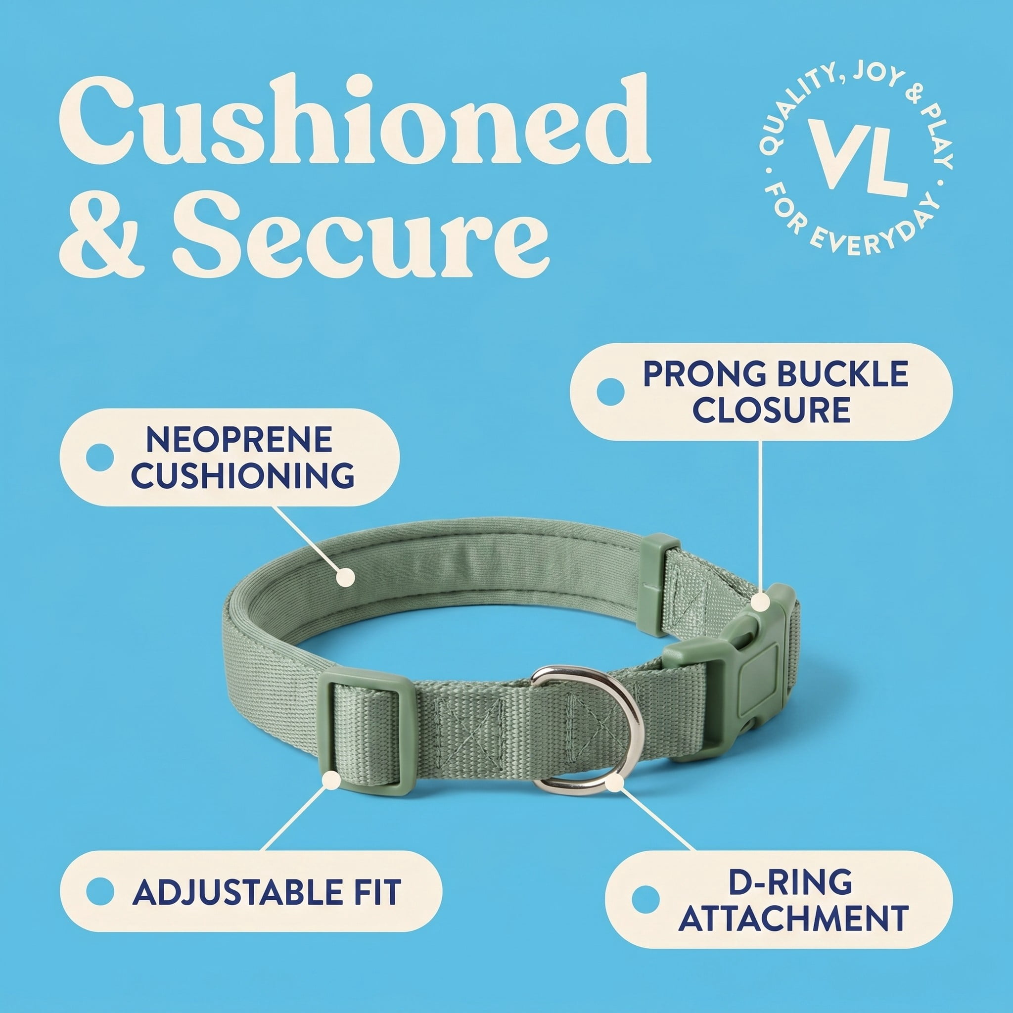 Vibrant Life Neoprene Cushioned Adjustable Dog Collar, Sage Green, S