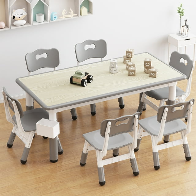 Ourlova Kids Table and 6 Chairs Set - Height Adjustable, Graffiti Desktop, Children's Learning Activity Table