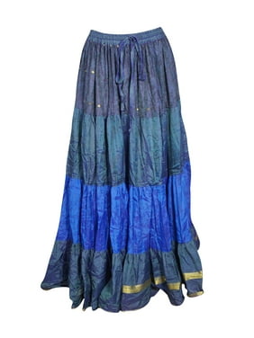 Mogul Women Blue Maxi Skirt Vintage Tiered Full Flared Recycle Sari Printed Summer Beach LONG Skirts M/L