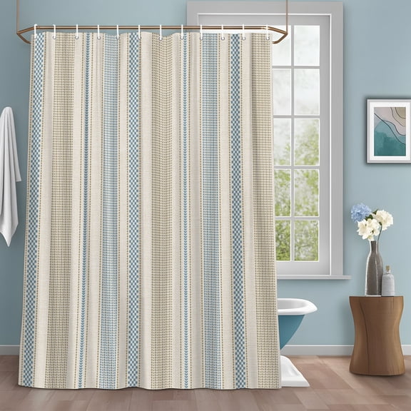 Vintage Striped Shower Curtain with Hooks, Blue Brown Vertical Ticking Stripes French Country Water Repellent Shower Curtains for Bathroom Decor Sturdy Shower Curtain, Machine Washable 72x84 Inch