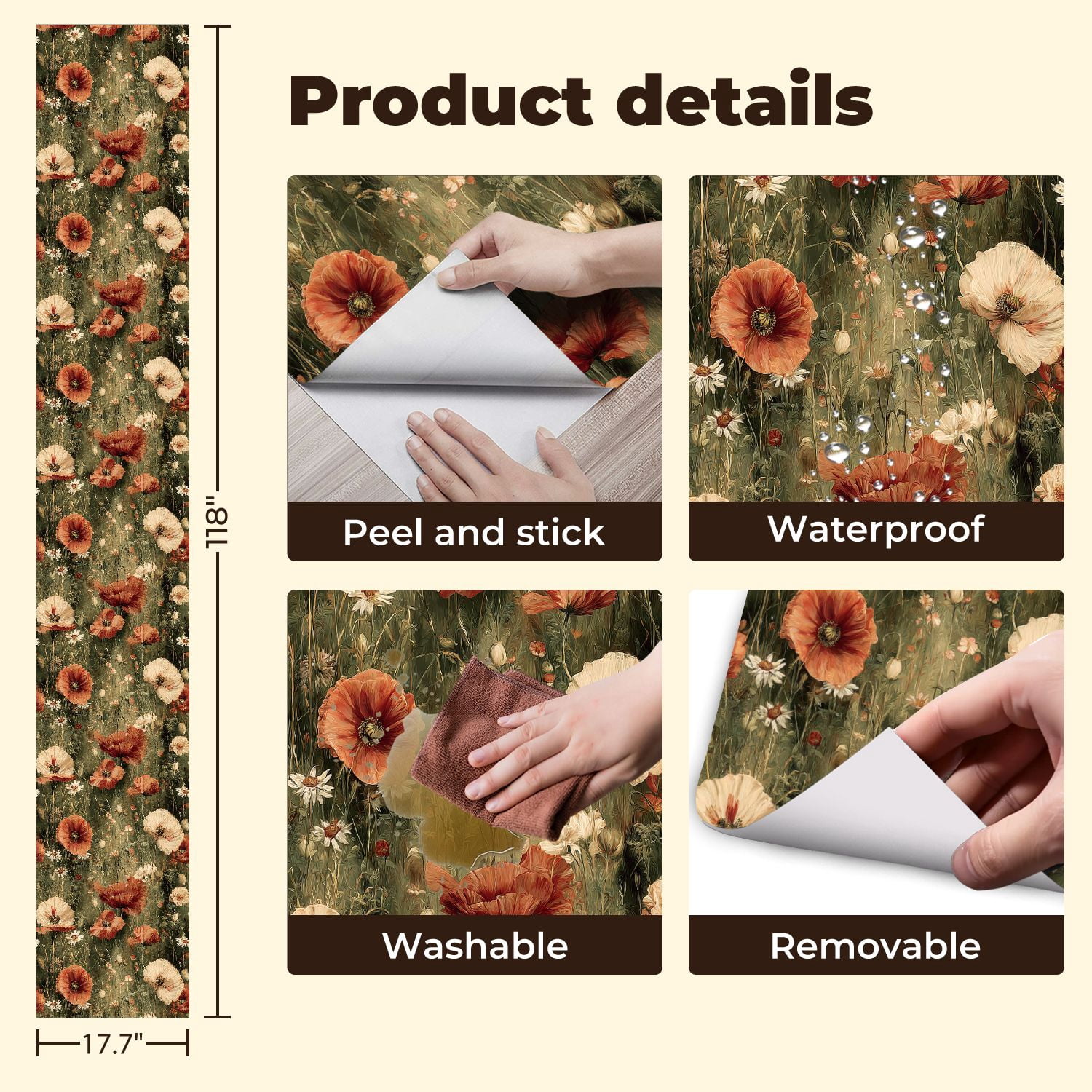 Peel and Stick Wallpaper Vintage Flower Field White Red Blooms Wall Mural 17.7in x 9.8ft Self Adhesive Removable Wall Paper Renter Friendly Wallpaper for Nursery Bedroom Cabinets