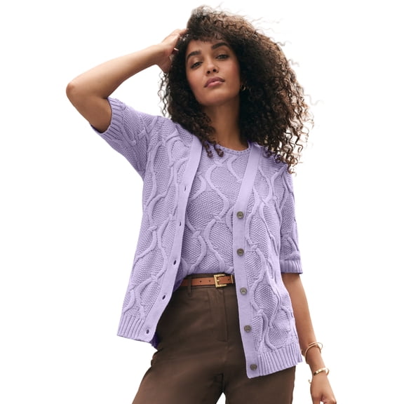 Jessica London Women's Plus Size Elbow Sleeve Cable Cardigan