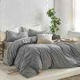thumbnail image 3 of MooMee Striped Duvet Cover Set Twin 100% Washed Cotton Linen Like Textured Breathable 2-Piece (Dark Grey& White Wide Stripes, 68"x90"), 3 of 7