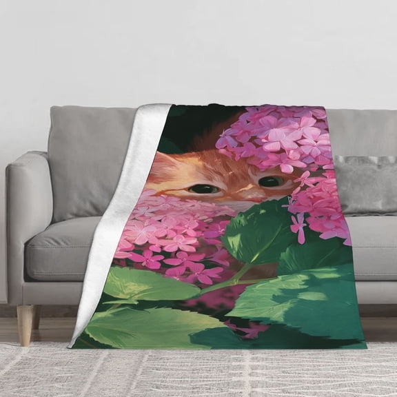 Soft Fleece Throw Blanket, Cute Ginger Cat Peeking Through Pink Hydrangea Flowers Illustration Print, Lovely Kitty Floral Aesthetic Throw Blanket