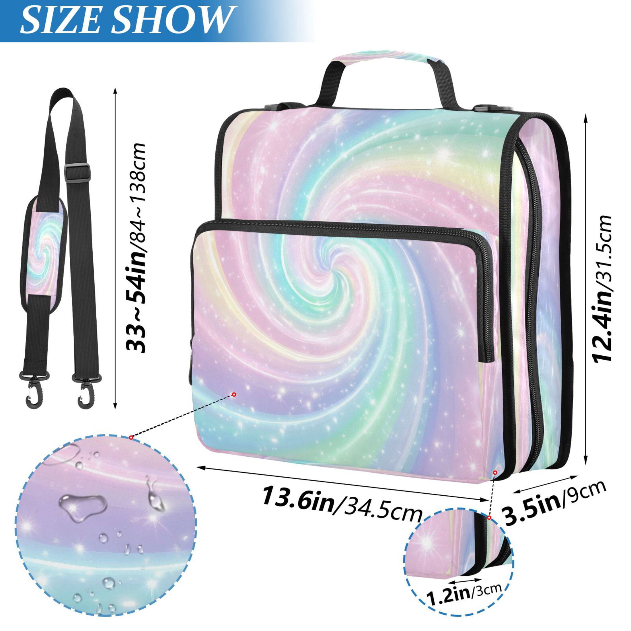 Water-Resistant 3-Ring Binder Organizer with Multiple Pockets Zipper Binder Bag for Office Cute Pastel Rainbow Swirl