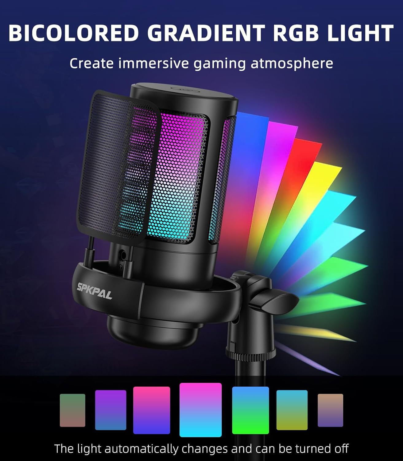 SPKPAL USB Microphone for PC, Gaming Microphone with RGB Light, Mute Button, Gain Knob,Headphones Jack for Streaming, Recording, Chat