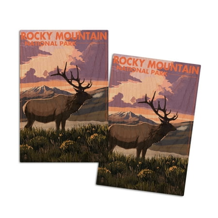 

Rocky Mountain National Park Colorado Elk and Sunset (4x6 Birch Wood Postcards 2-Pack Stationary Rustic Home Wall Decor)