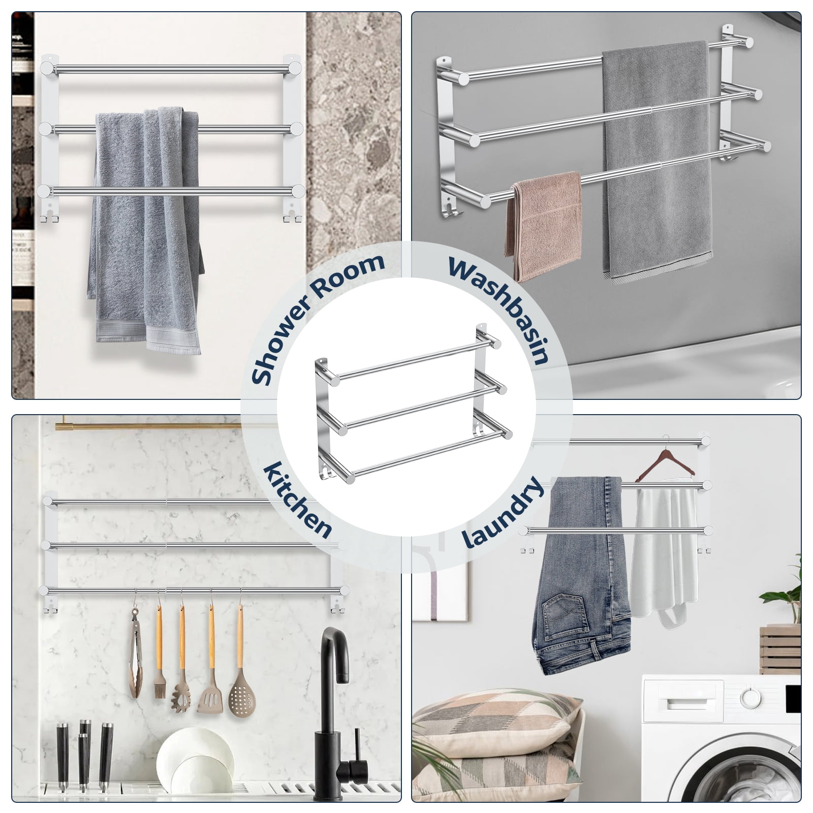 FKSZLL Towel Bars Hanger Stainless Steel Towel Rack, Three Tier Wall Mount Towel Holder, No Punch, Adjustable 17-29 inch with Hooks for Bathrooms and Kitchens