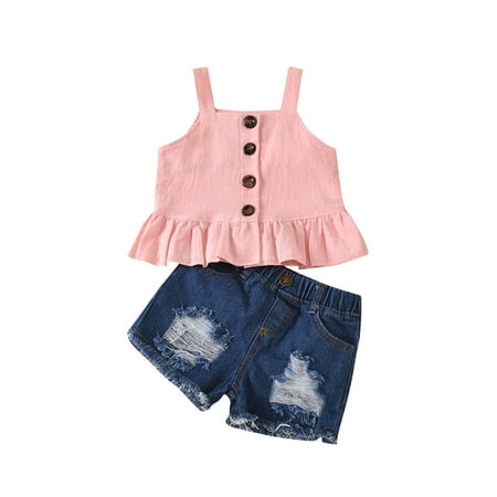 

Jdefeg Come Baby Toddler Sleeveless Girls Ripped Tops Shorts Outfits Baby Denim Kids Ruffle Jean Girls Outfits&Set Baby Girl 4 Month Outfit Cotton Blend Pink 120