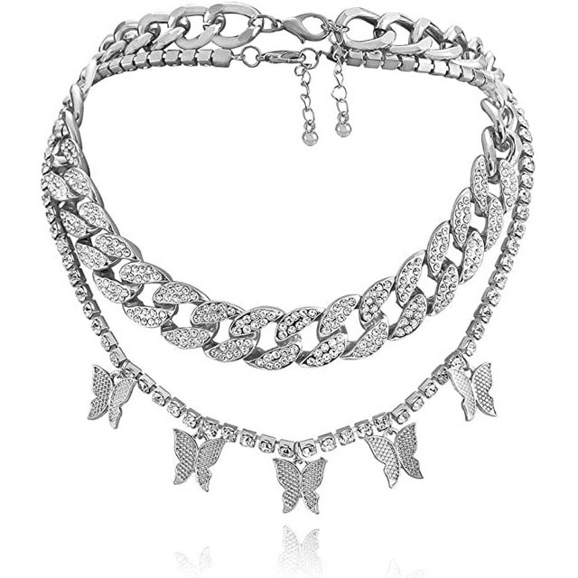 Big Butterfly Pendant Necklace Rhinestone Chain for Ladies Girls Shiny Gold Silver Chain Shiny Crystal Necklace Jewelry Gifts, Rhinestones, Rhinestones