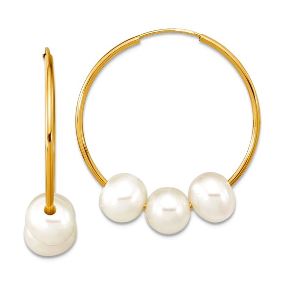 14k Gold 6-7mm Semi-round White Freshwater Cultured Pearl Hoop Earrings Dangle 27.25x25mm Hoop Earring for Women