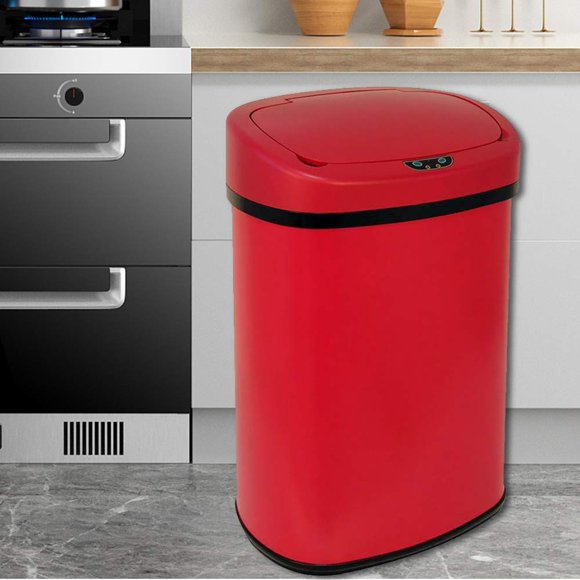 Poubelle de Cuisine 13 Gallons Poubelle Automatique à Capteur Bac à Déchets Sans Contact Poubelle en Acier Inoxydable avec Couvercle pour Maison Salle de Bain Bureau, Rouge
