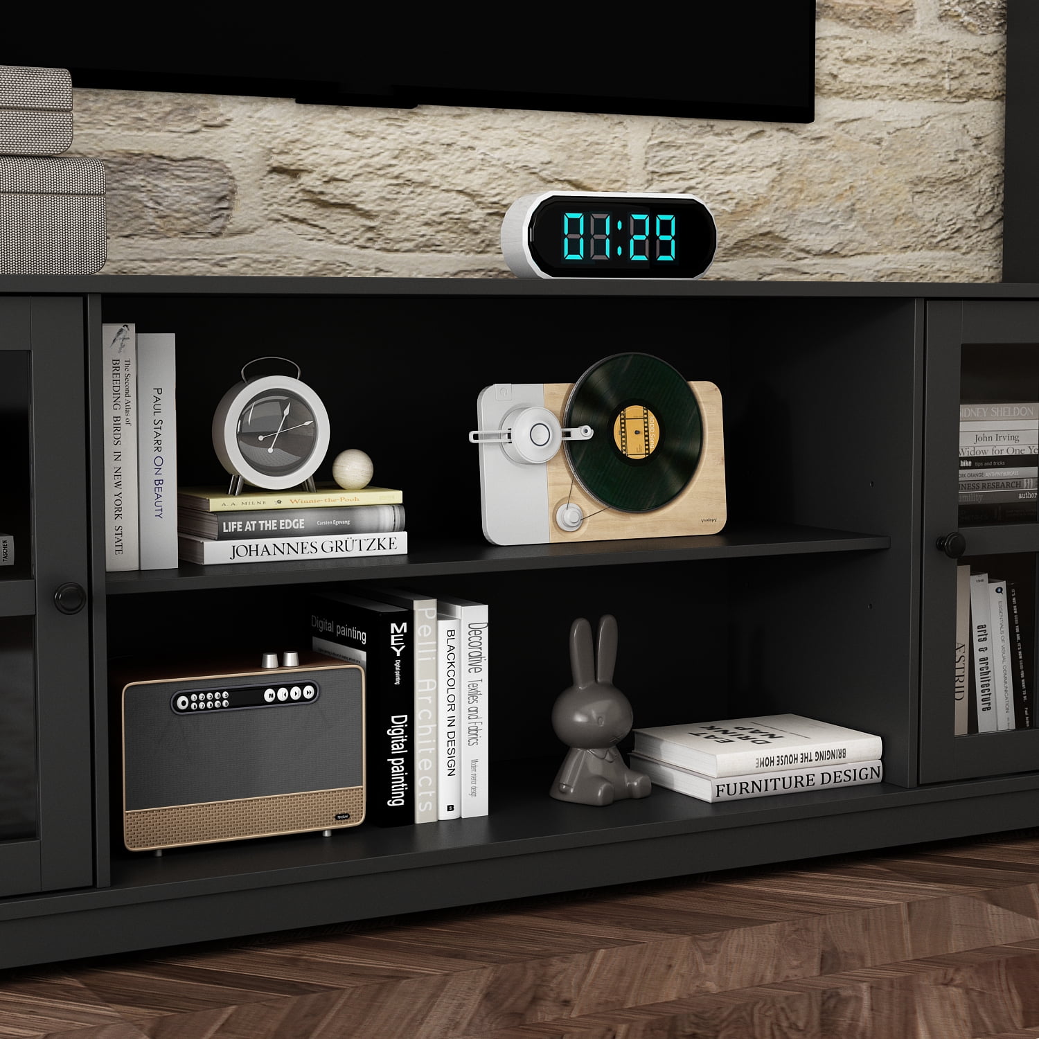OXYLIFE Large Entertainment Center with Bookcase, TV Media Center Console Table with Open Shelves and Glass Door, Black