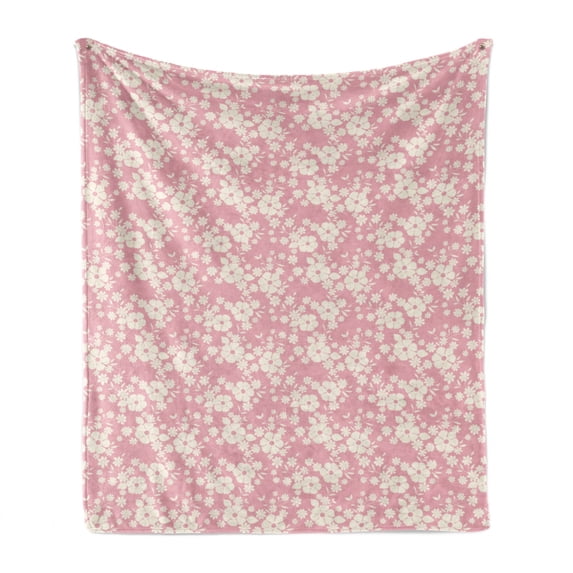 Flower Soft Flannel Fleece Throw Blanket, Floral Feminine Pattern with Repeating Silhouette Petals and Leaflets, Cozy Plush for Indoor and Outdoor Use, 50" x 70", Pale Pink and Eggshell, by Ambesonne