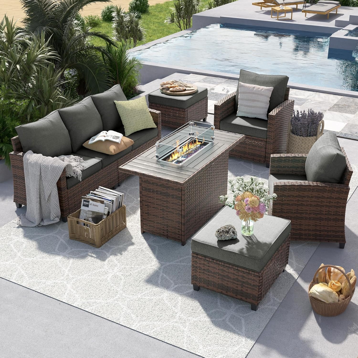 ELPOSUN Patio Furniture Set, 7 Pieces Outdoor Patio Set, All-Weather Wicker Rattan Outdoor Furniture Set with Fire Pit Table & Swivel Chairs for Poolside, Backyard,Grey